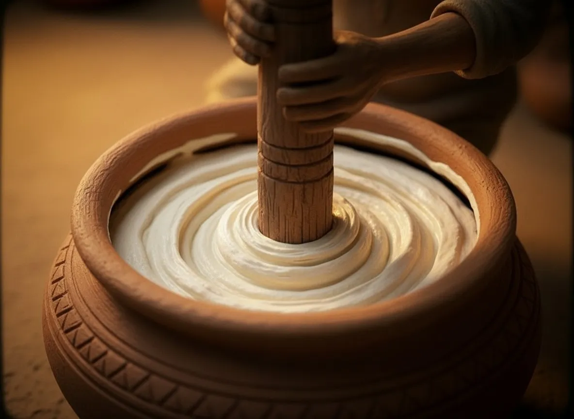 Curd churned with a wooden rod. He will repeat the churning, years later, with a metal one.