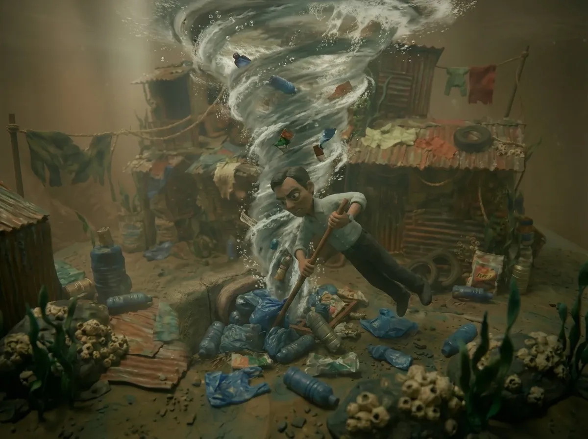 He climbs into the flood and churns it clear with a metal rod, the way his father once churned curd with a wooden one.