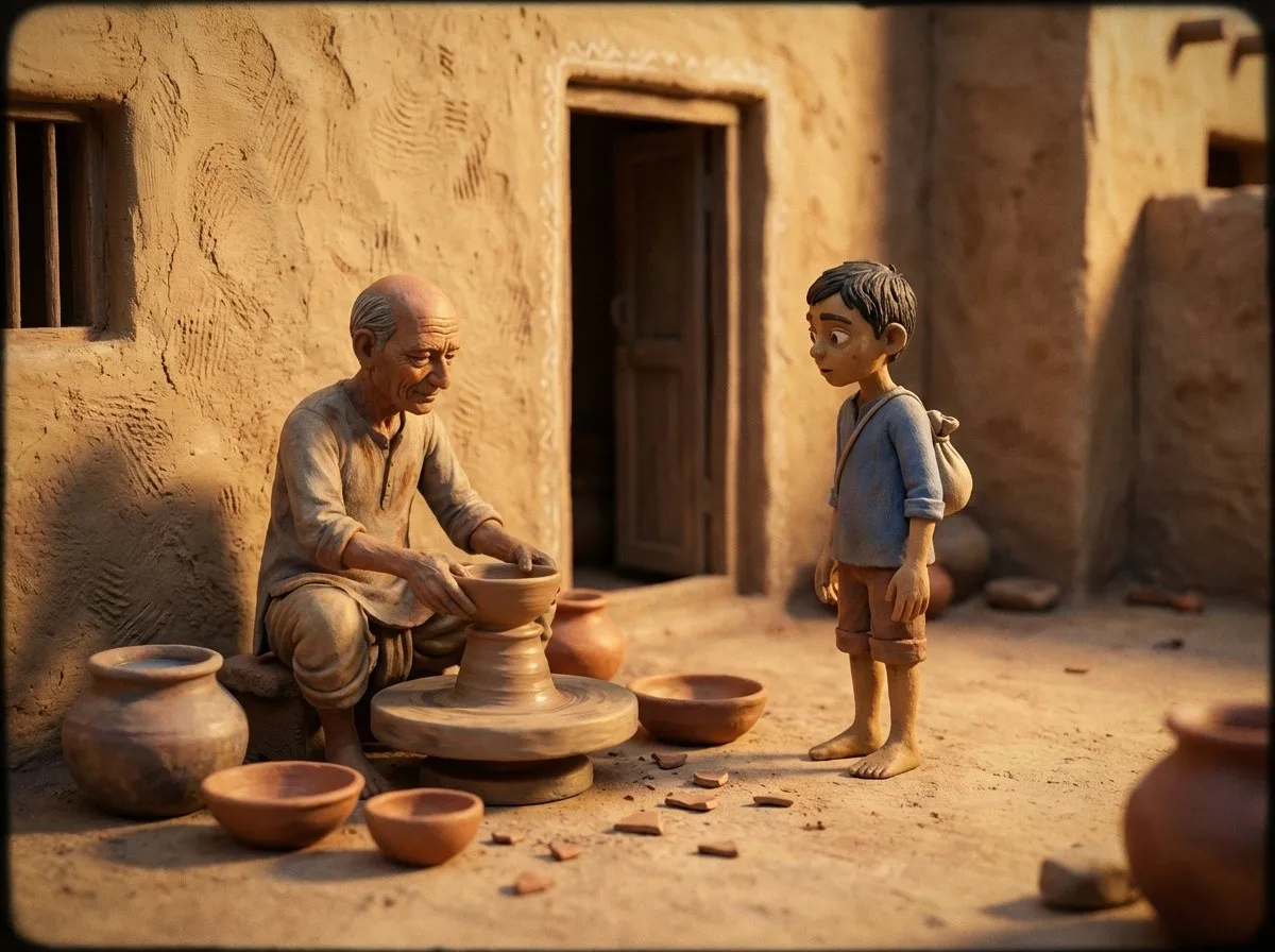 A potter's son, learning clay from his father.