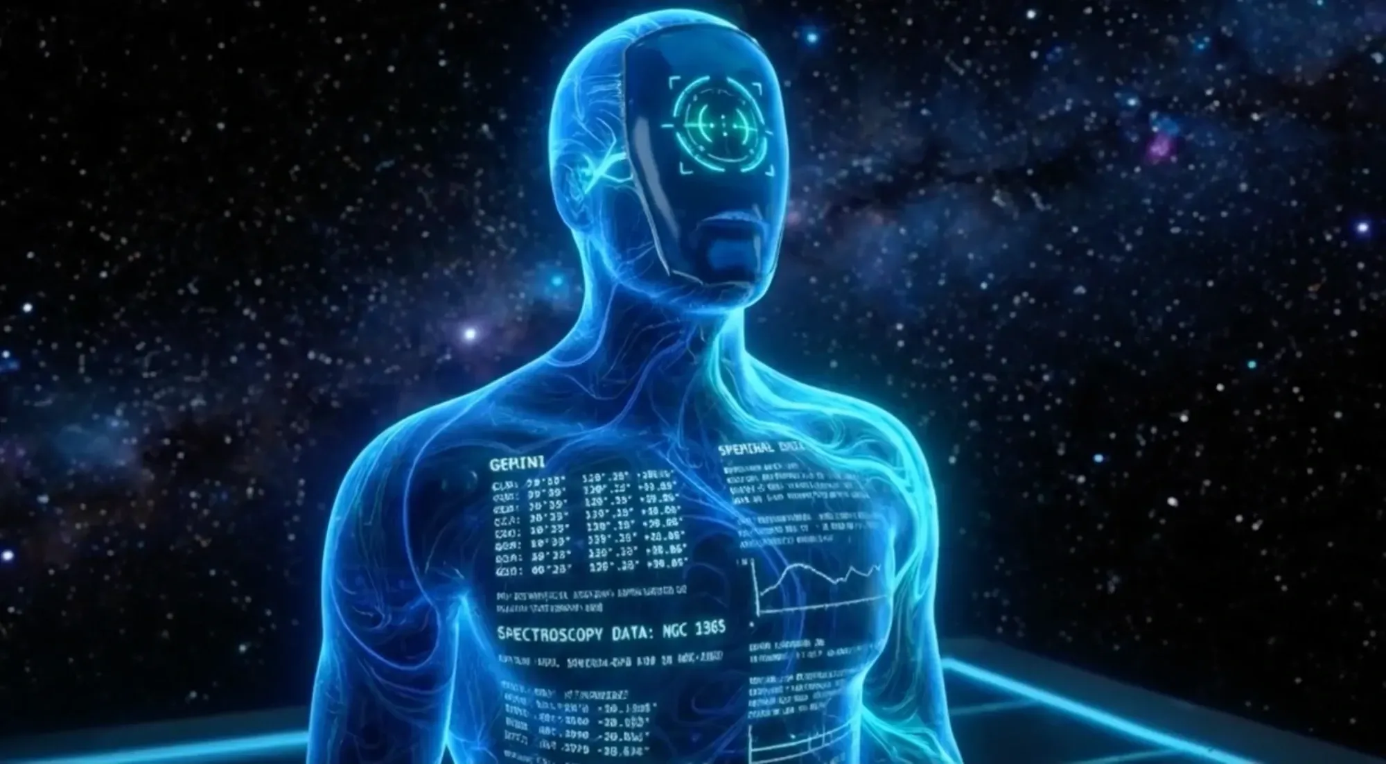 Gemini, drawn in light: a translucent blue body threaded with live data.