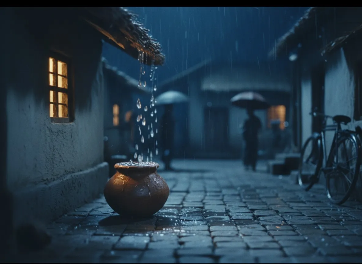 He discovers he can catch the monsoon in earthen pots, and sell it.