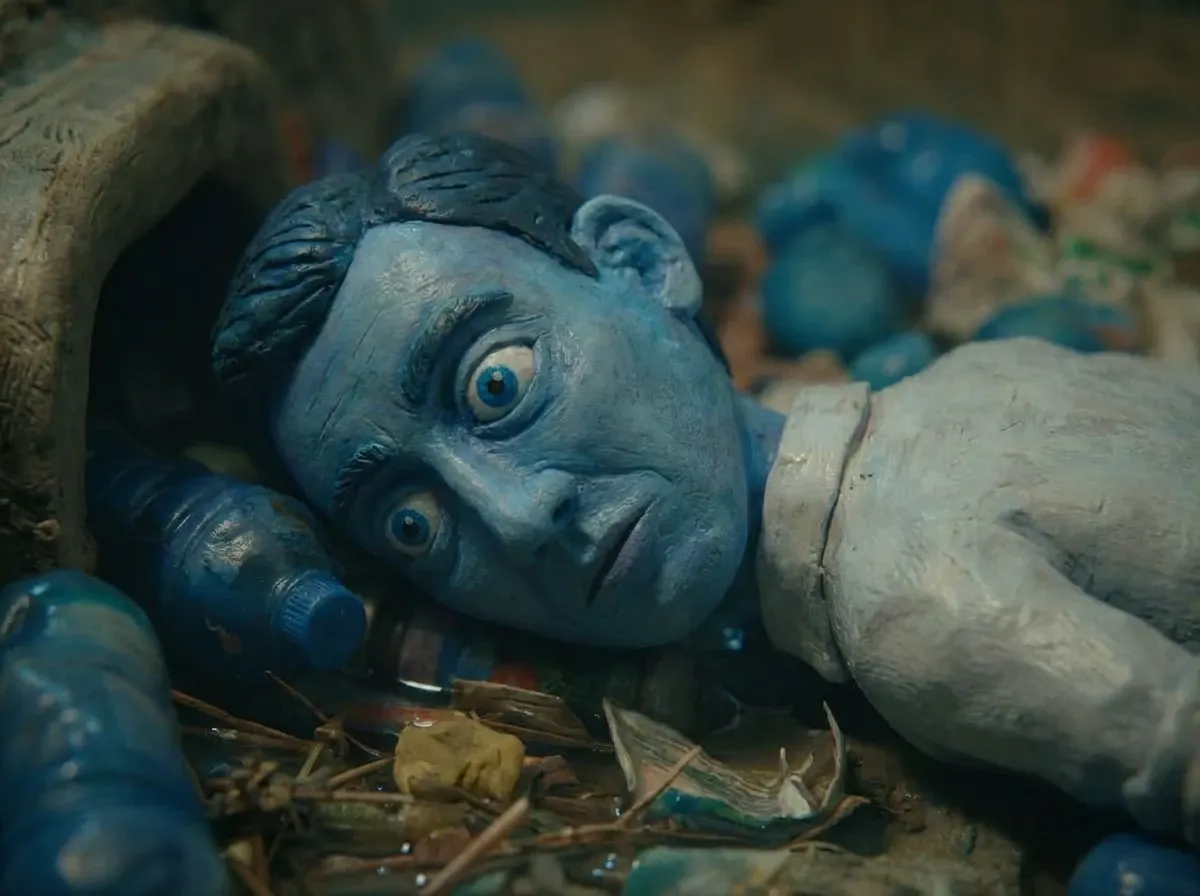 He surfaces stained blue.