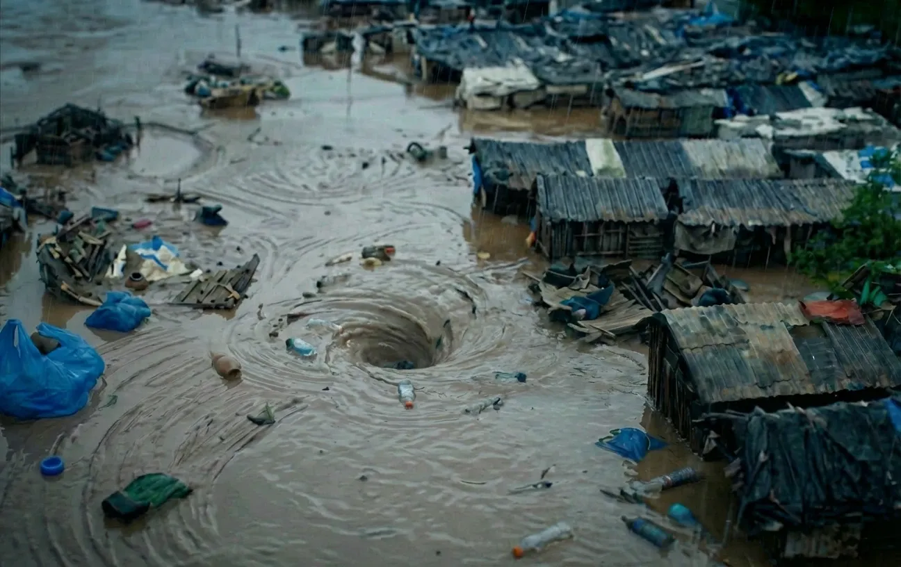 A rod spun inside a flooded drain: the last spiral.